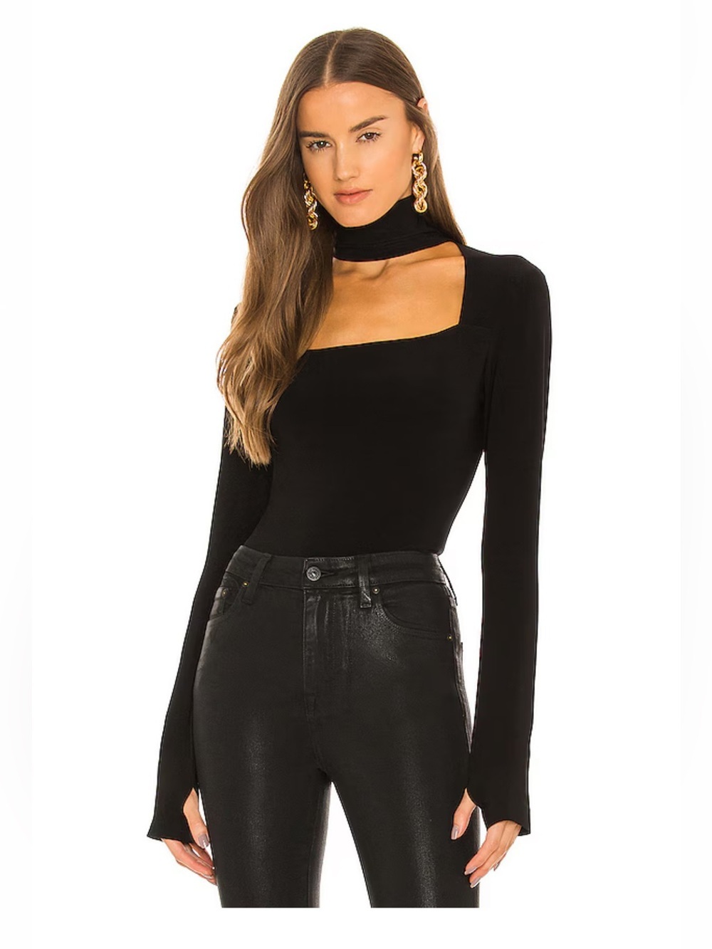 Norma Kamali Black turtle Square-Neck Long Sleeve Top size small thumbhole